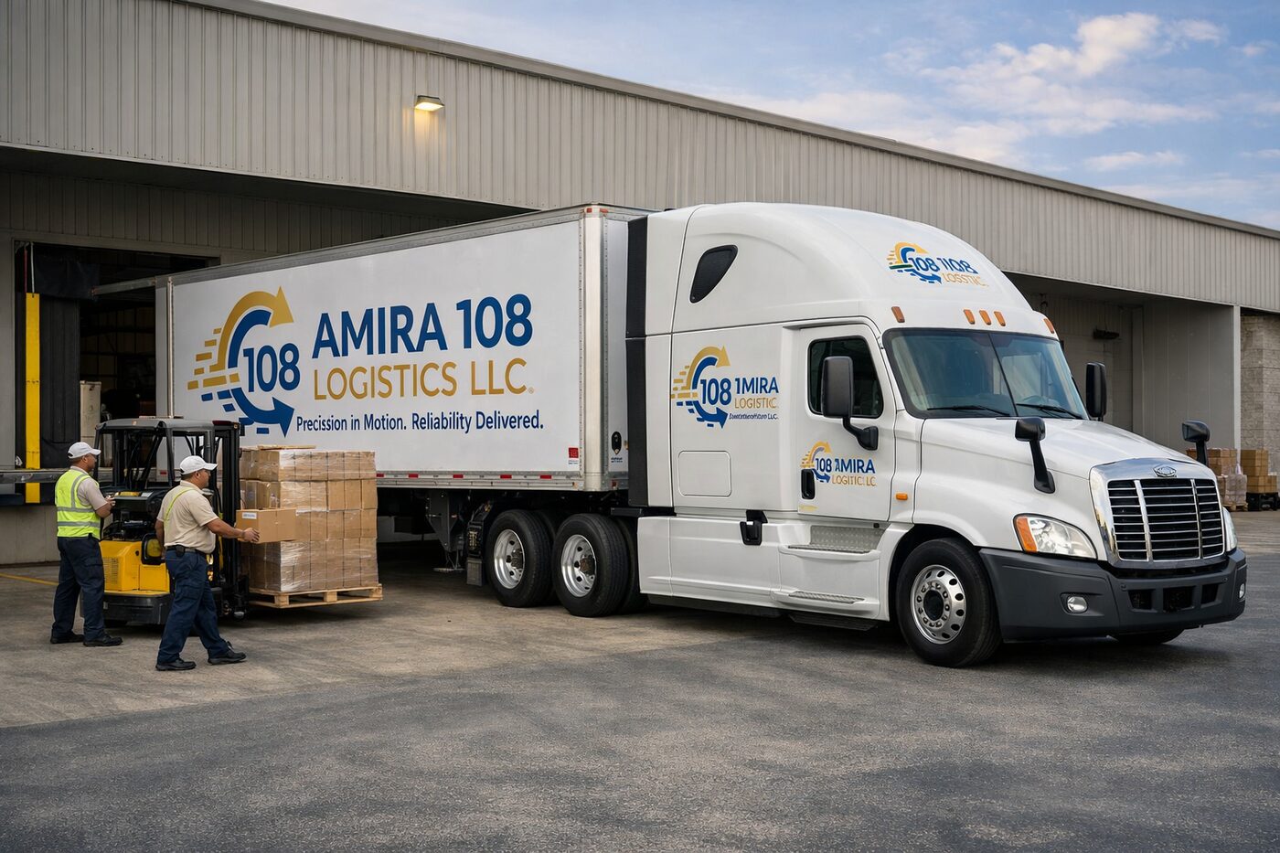 Amira 108 Logistics truck and crew loading freight at a distribution dock