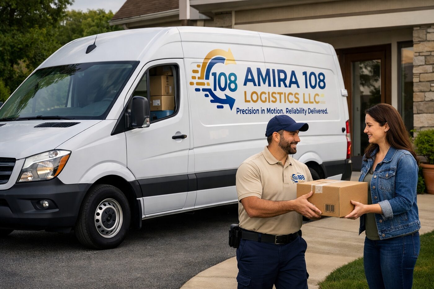 Amira 108 Logistics courier handing a package to a customer at the door